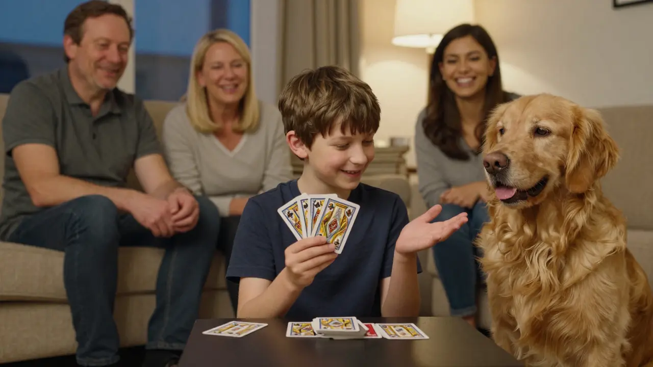 A boy shows a card trick to his parents and dog, smiling with quiet pride.