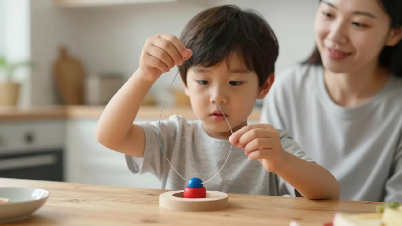 A child practices a string and ring magic trick in a kitchen with a parent nearby.