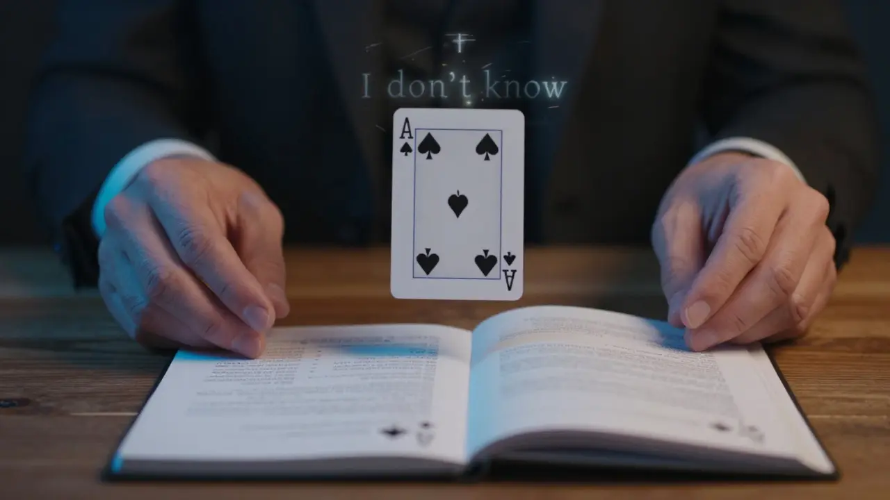 A floating card above a magic kit, with faint glowing words whispering 'I don’t know'.
