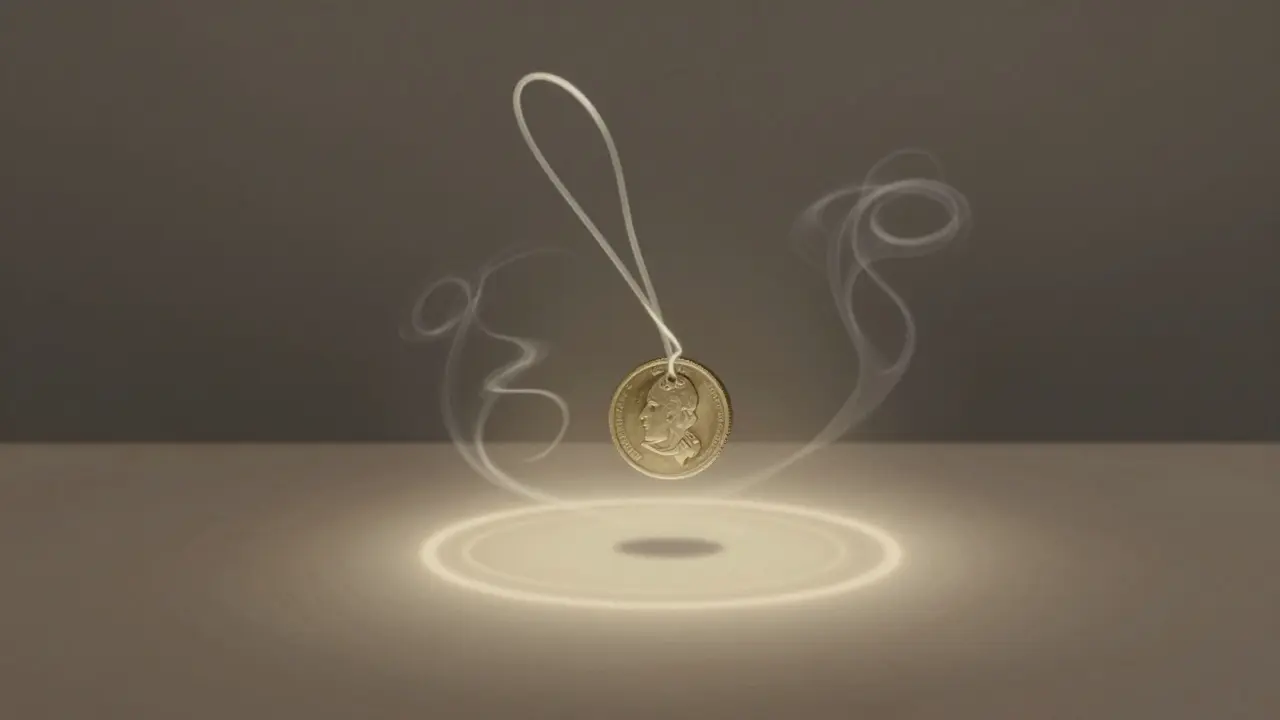 A floating coin above a faint circle with a transparent string loop hovering nearby, evoking illusion.