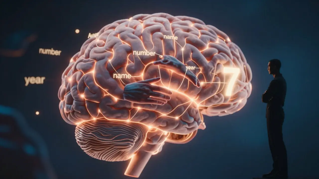 A glowing human mind with floating thoughts guided toward the number 7 by invisible linguistic forces.