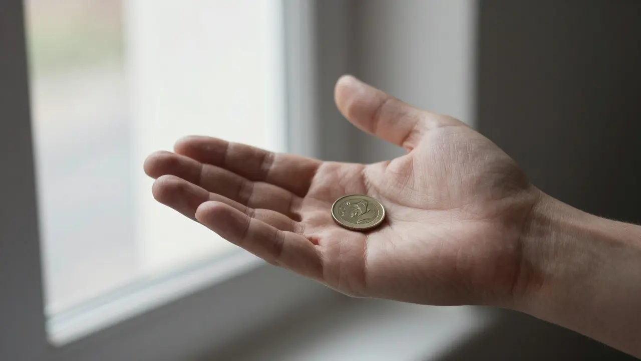A hand naturally holding a coin hidden in the palm, as if practicing during a casual phone call.