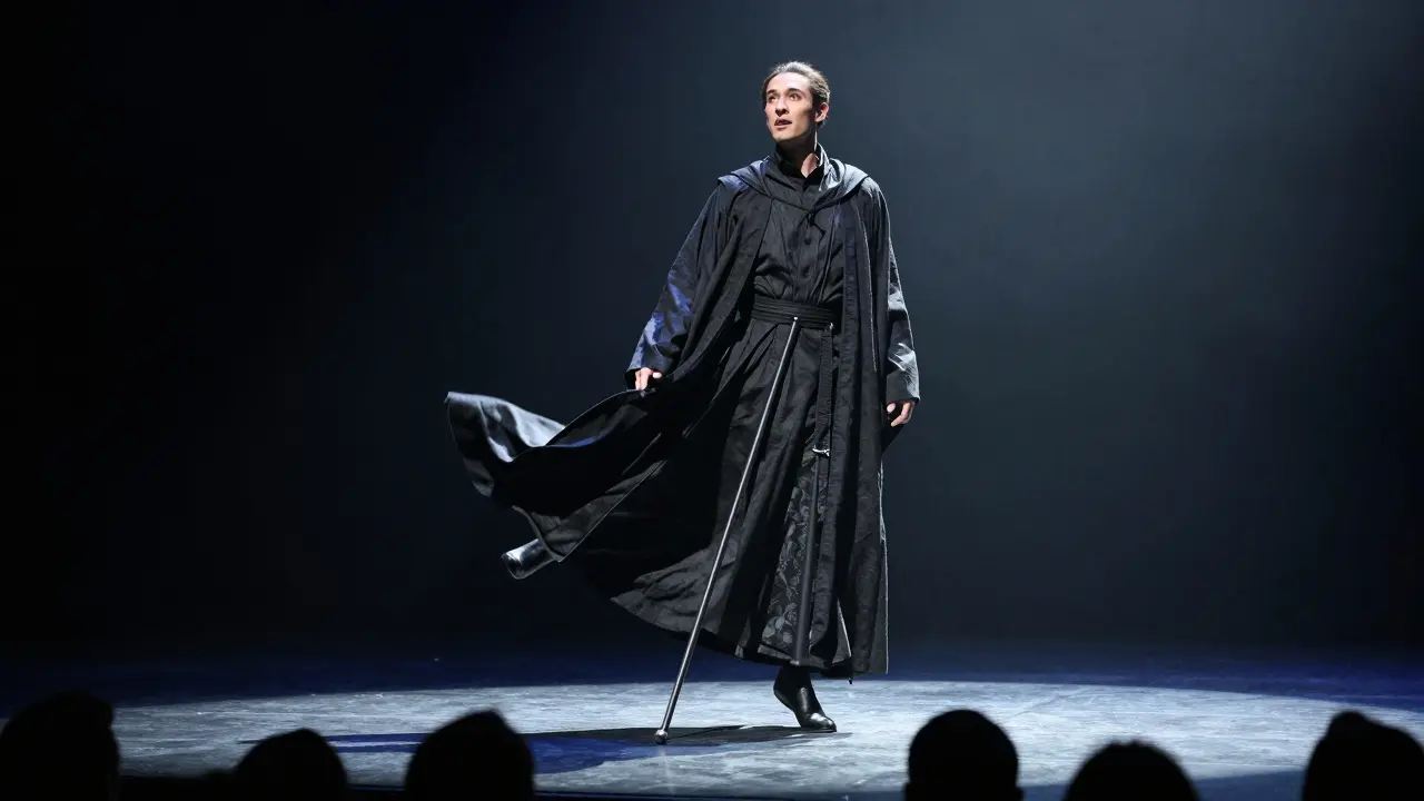 A magician levitating slightly above the stage, hidden support concealed under his robe, audience looking up in wonder.