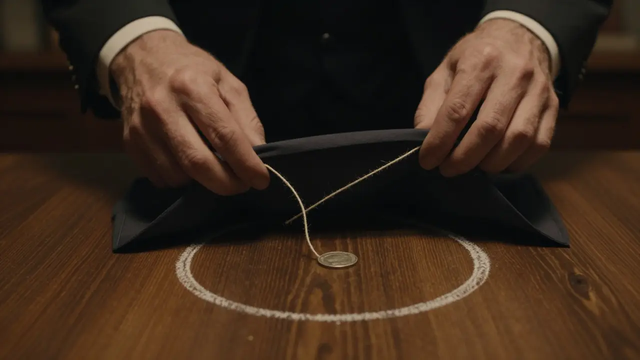 A magician lifting a cloth to reveal a coin still on the table as a string loop slips away unseen.