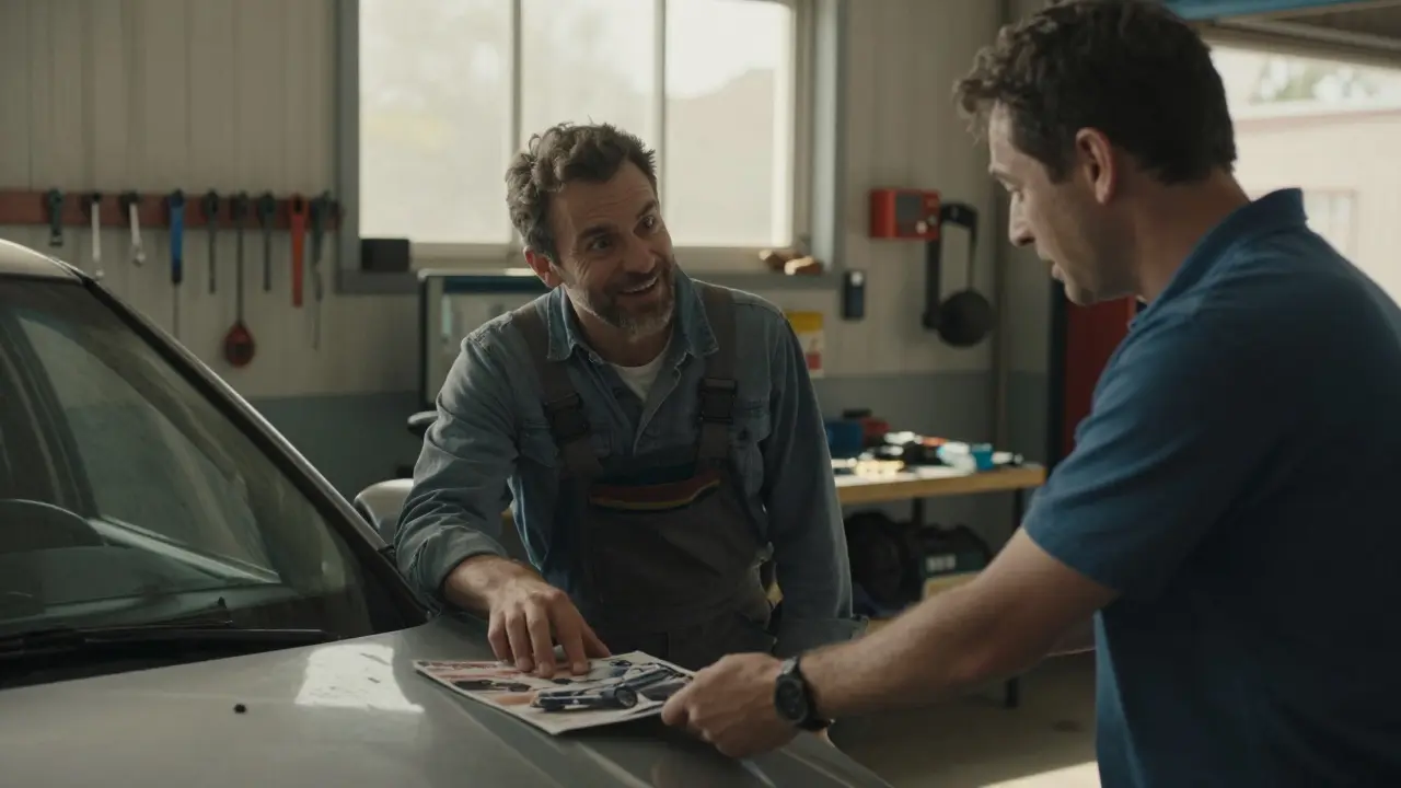 A mechanic subtly influencing a customer's choice of car brochure with a quiet hand gesture.