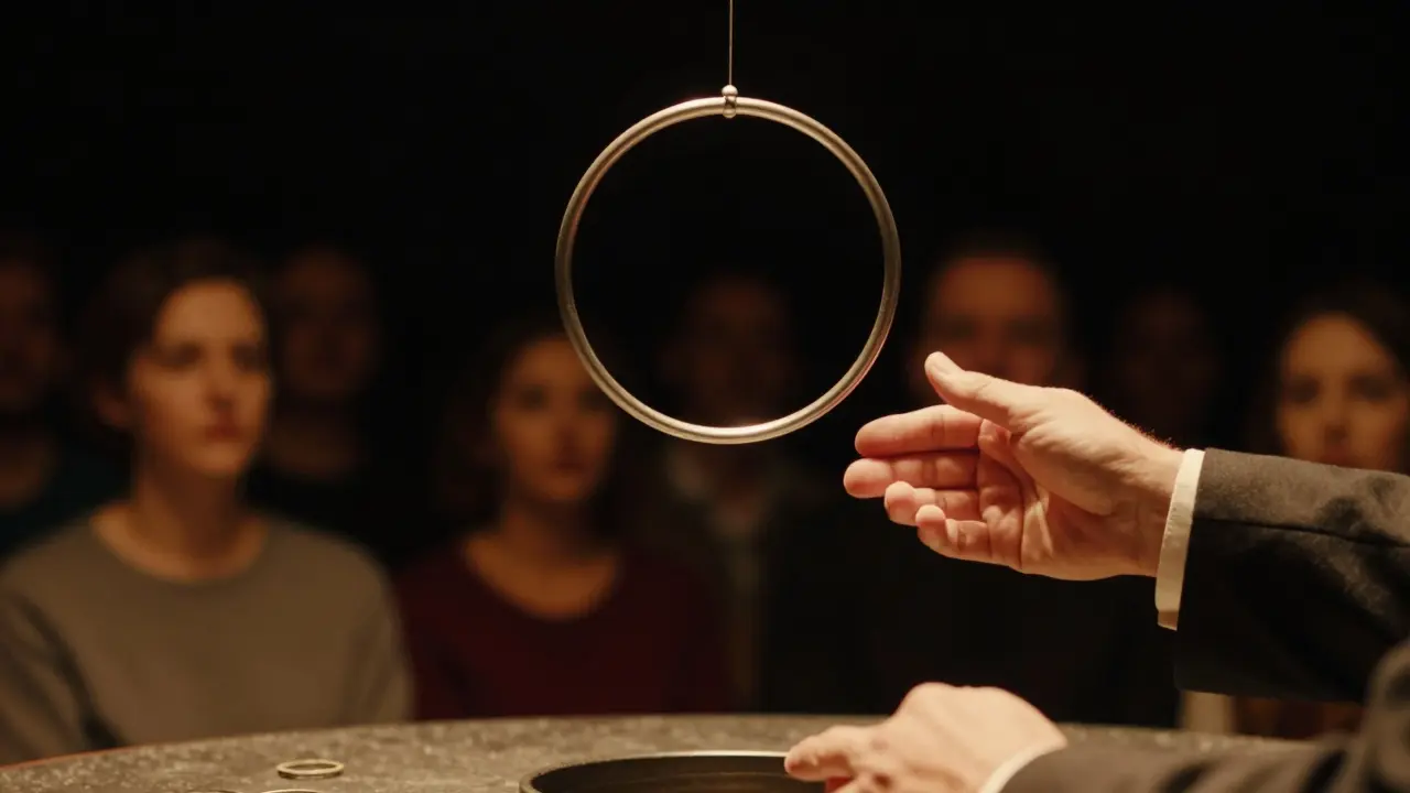 A metal ring floats silently in mid-air near a magician's hands, illuminated by warm stage light in a shadowy setting.