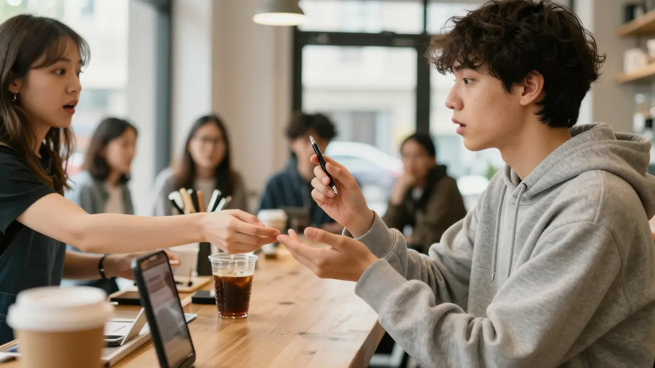 A performer makes a pen disappear for a surprised barista in a coffee shop.