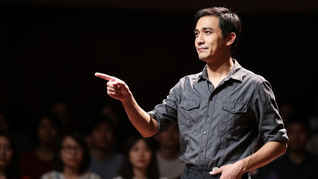 A performer misdirecting attention with a gesture while secretly palming a coin in dim lighting.