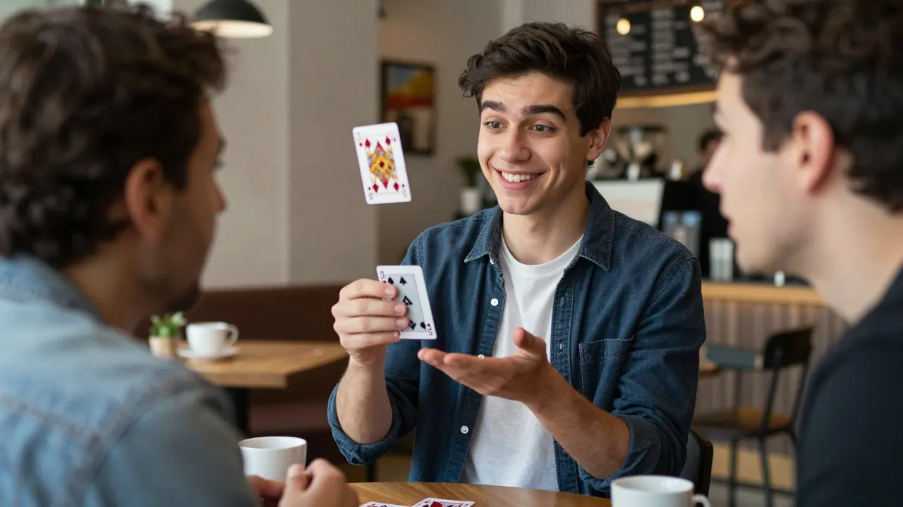 A performer showing a card trick to a surprised coffee shop patron with natural expressions.