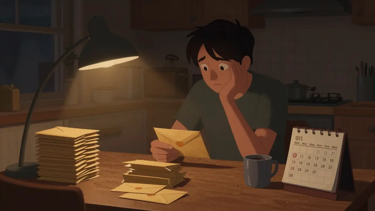 A person hesitating while holding a  envelope at night, surrounded by filled and empty envelopes under a lamp.