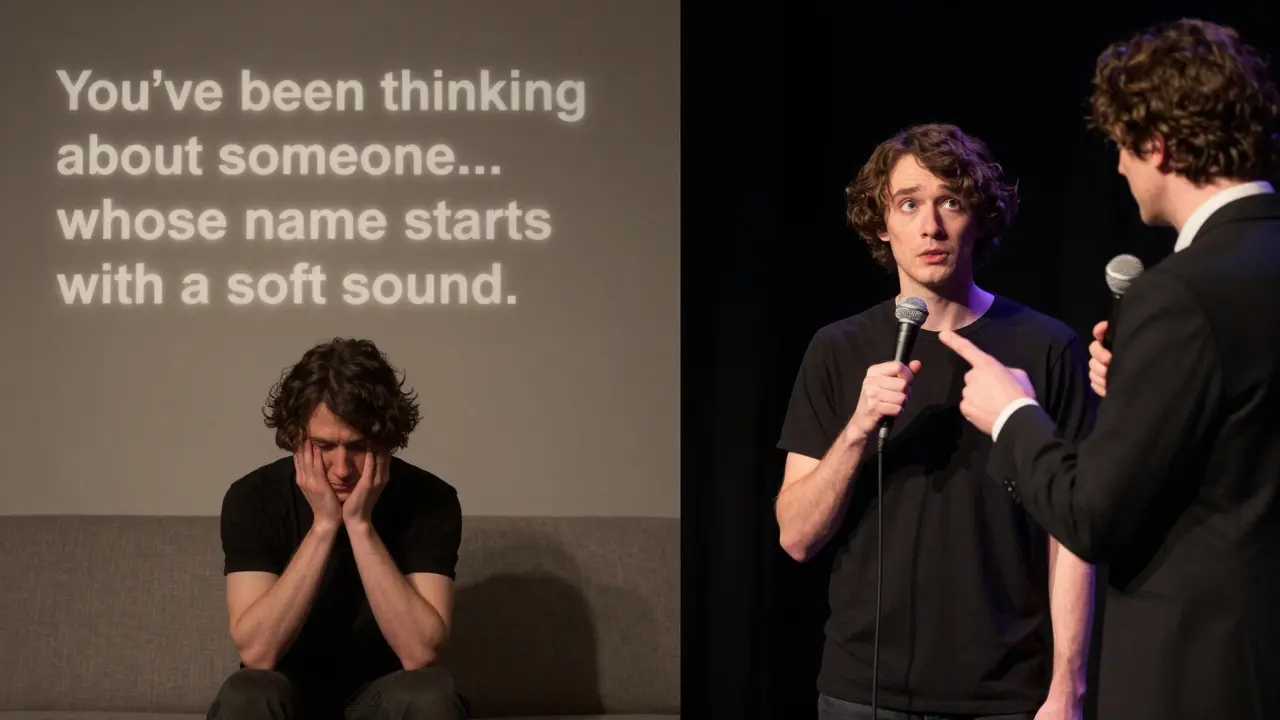 A person lost in thought, then startled on stage, as a mentalist's whispered suggestion takes shape around them.