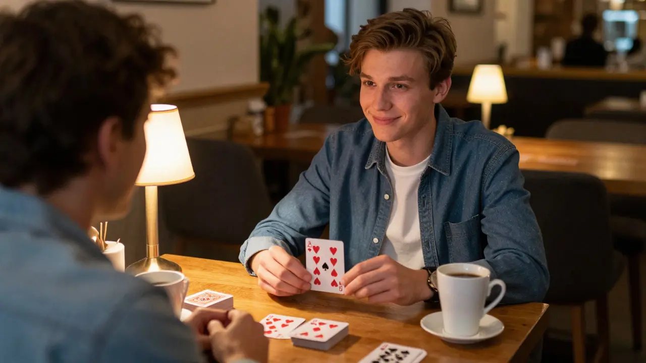 A person performing a card trick at a coffee shop, surprising a friend with the Ace of Spades and 10 of hearts.