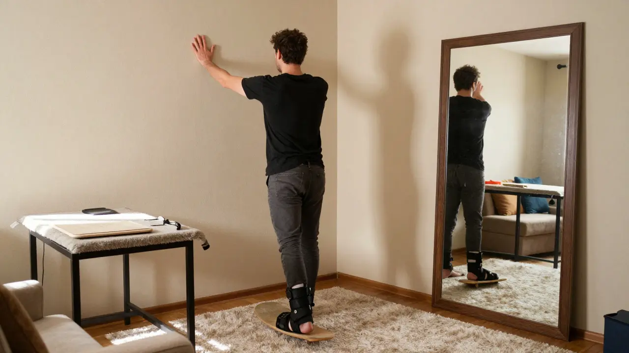 A person practicing levitation at home, barefoot on carpet, with equipment laid out nearby and a covered mirror in the background.