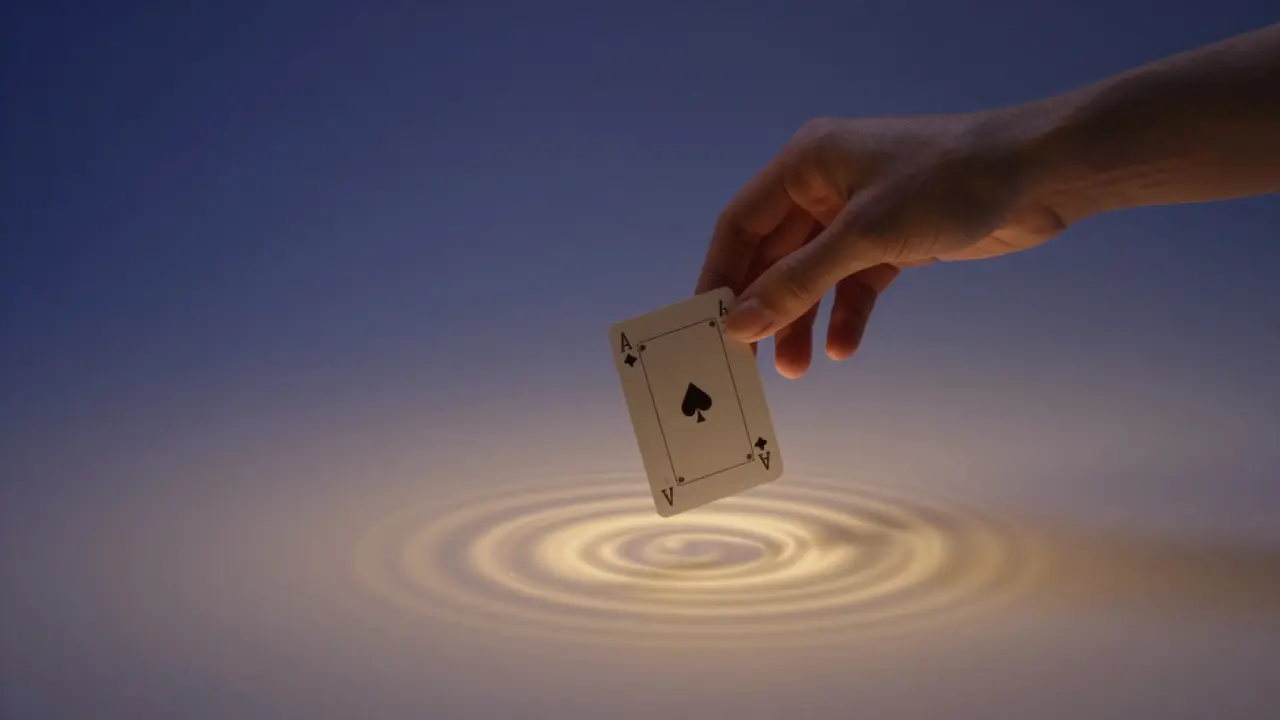 A single playing card floating in mid-air surrounded by subtle golden ripples of light.