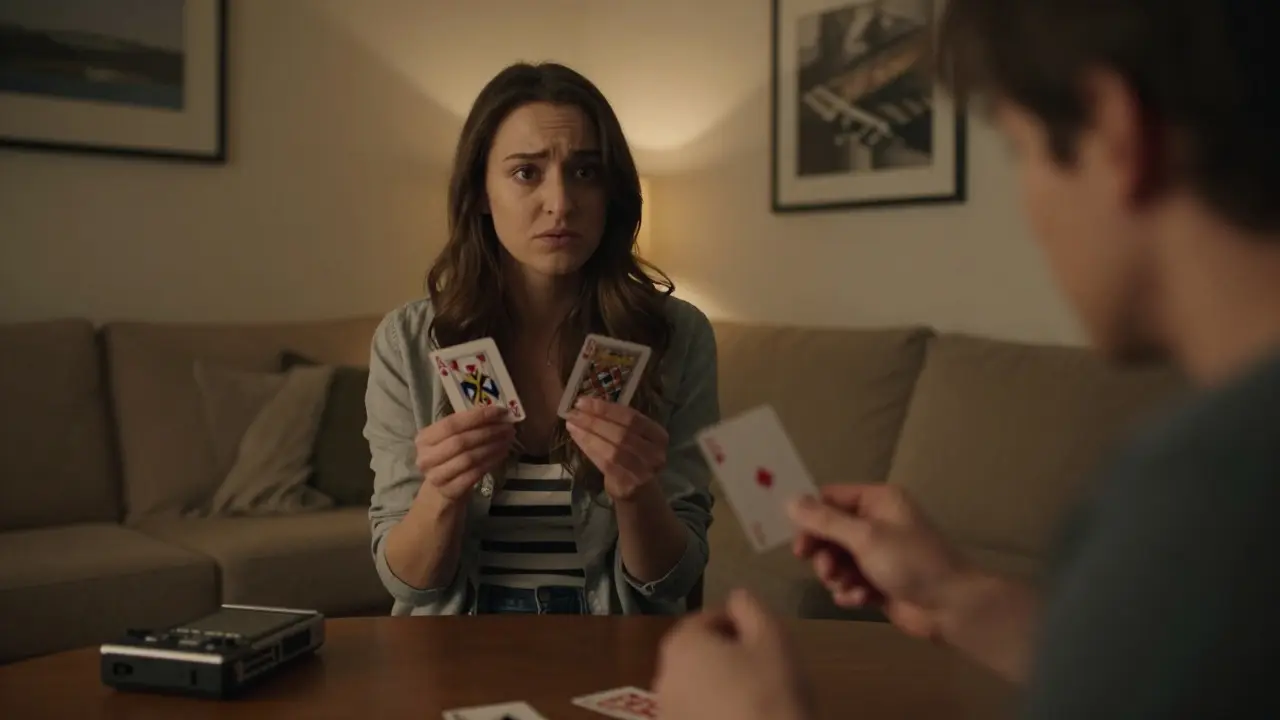 A woman and friend in a living room, mid-choice of a card, tension in their expressions.