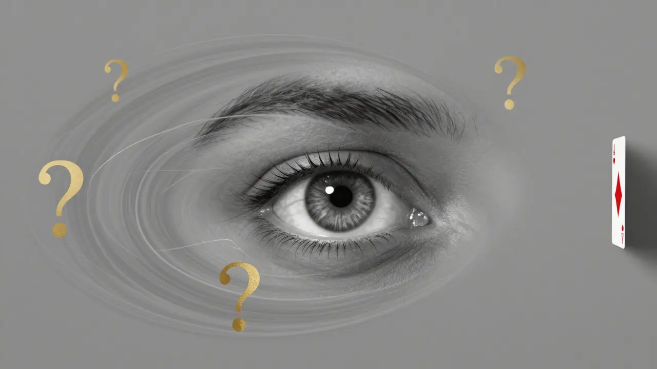 An abstract eye surrounded by distractions, with a hidden card at the edge of the frame.