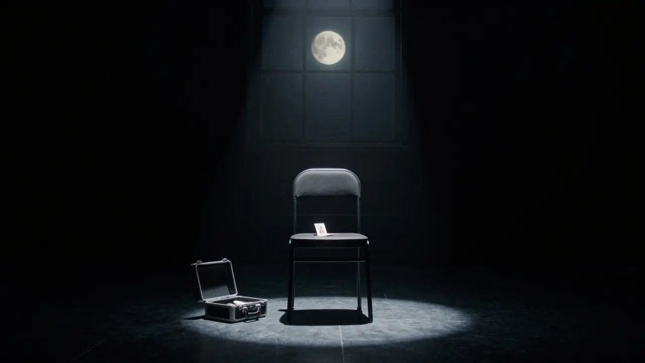 An empty stage with a magic kit and a single card, bathed in moonlight, silence hanging in the air.
