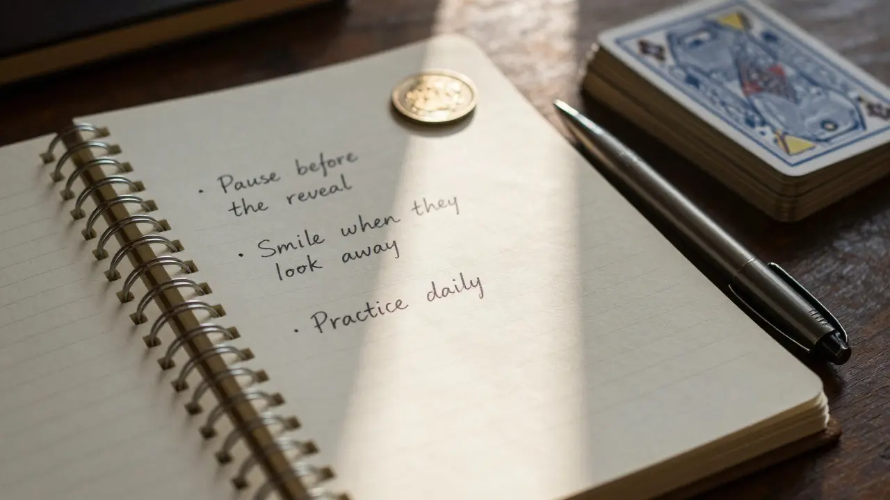 An open journal with magic practice notes beside a coin and playing cards.