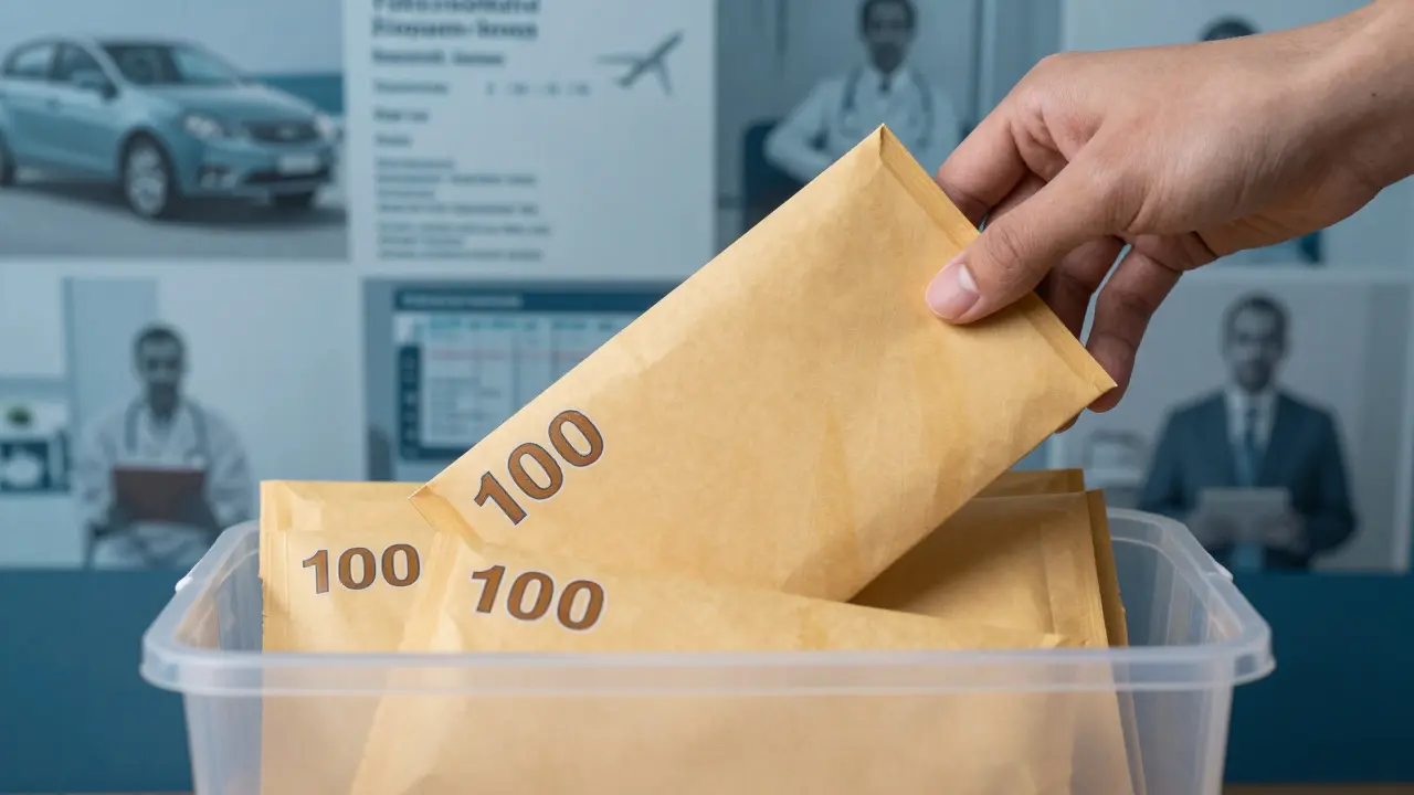 An overflowing bin of 100 filled envelopes with blurred life goals behind them, symbolizing savings purpose.