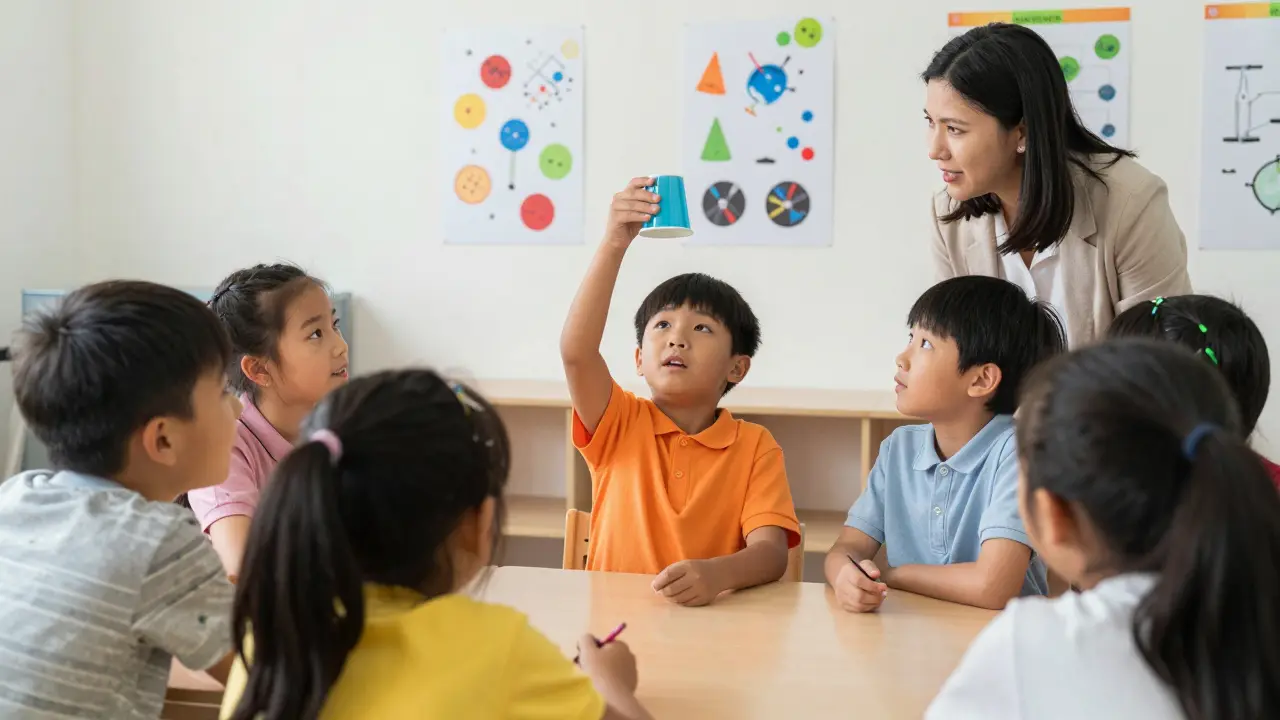 Children watch a classmate perform a color-changing cup magic trick in school.