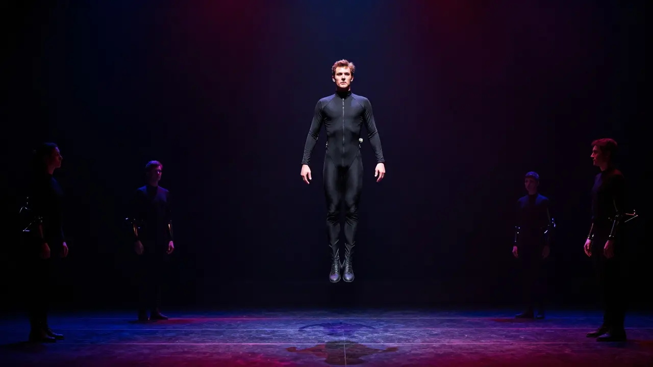 David Copperfield floating mid-air on a dark stage, connected to a hidden mechanical armature, assistants floating beside him.