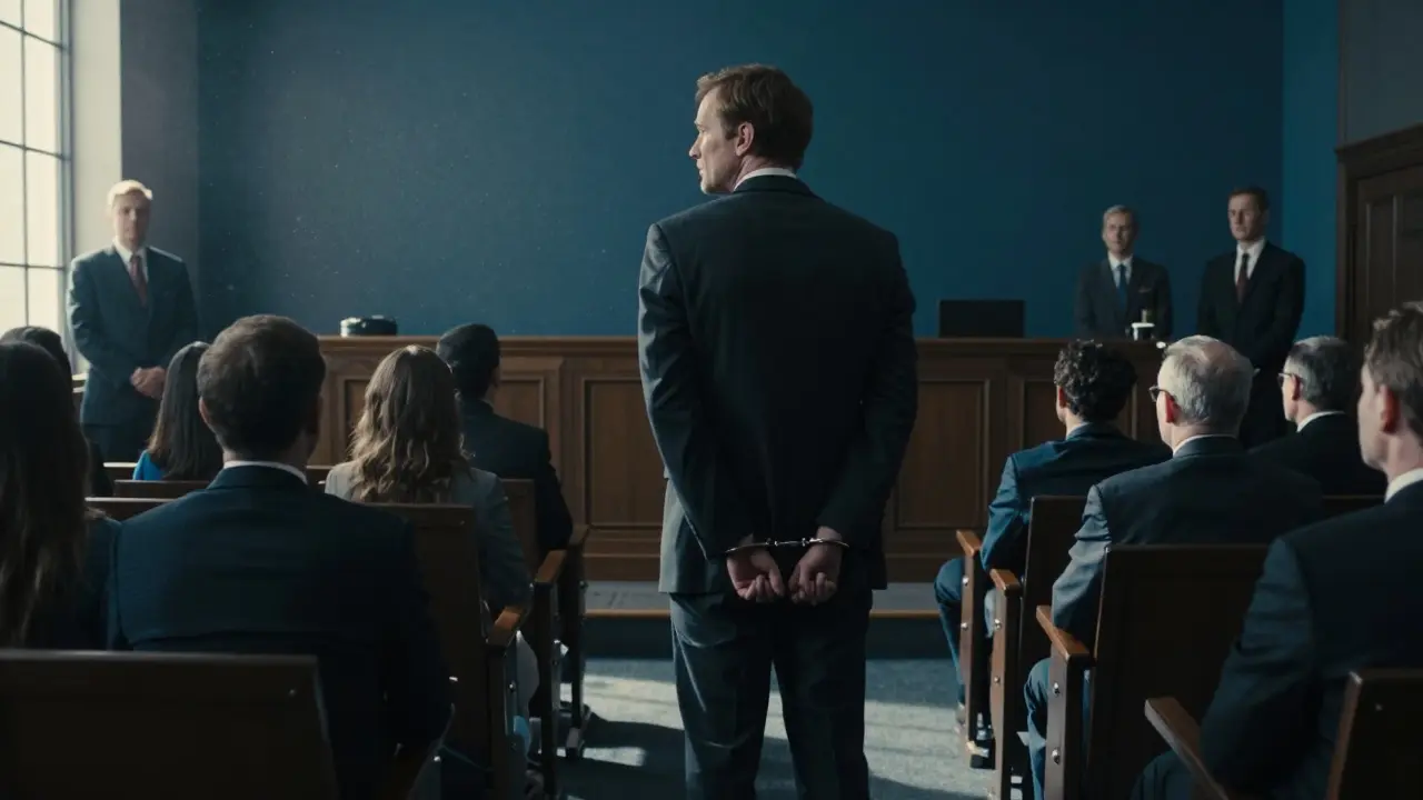 Patrick Jane in handcuffs, turning away from an empty courtroom seat.