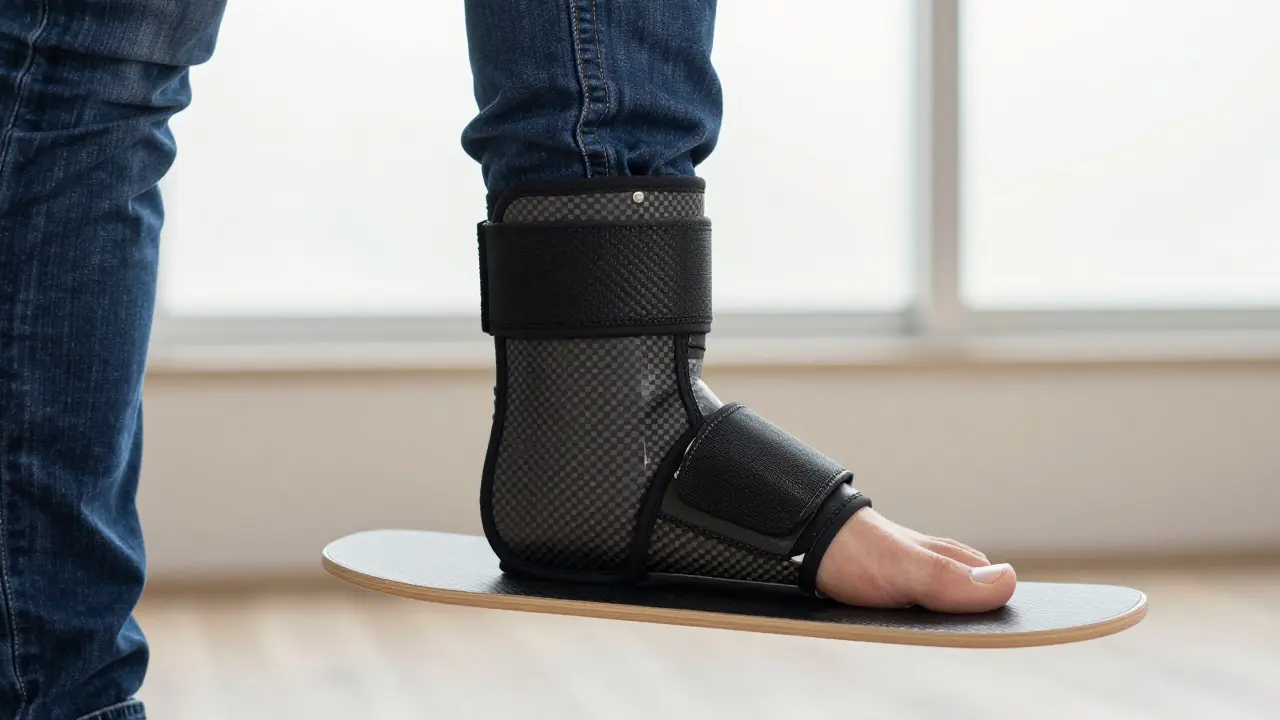 Side view of a leg with a hidden levitation board concealed under baggy trousers, showing the seamless design.