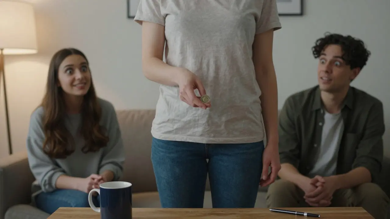 Someone performing a coin vanish while a friend watches in surprise.