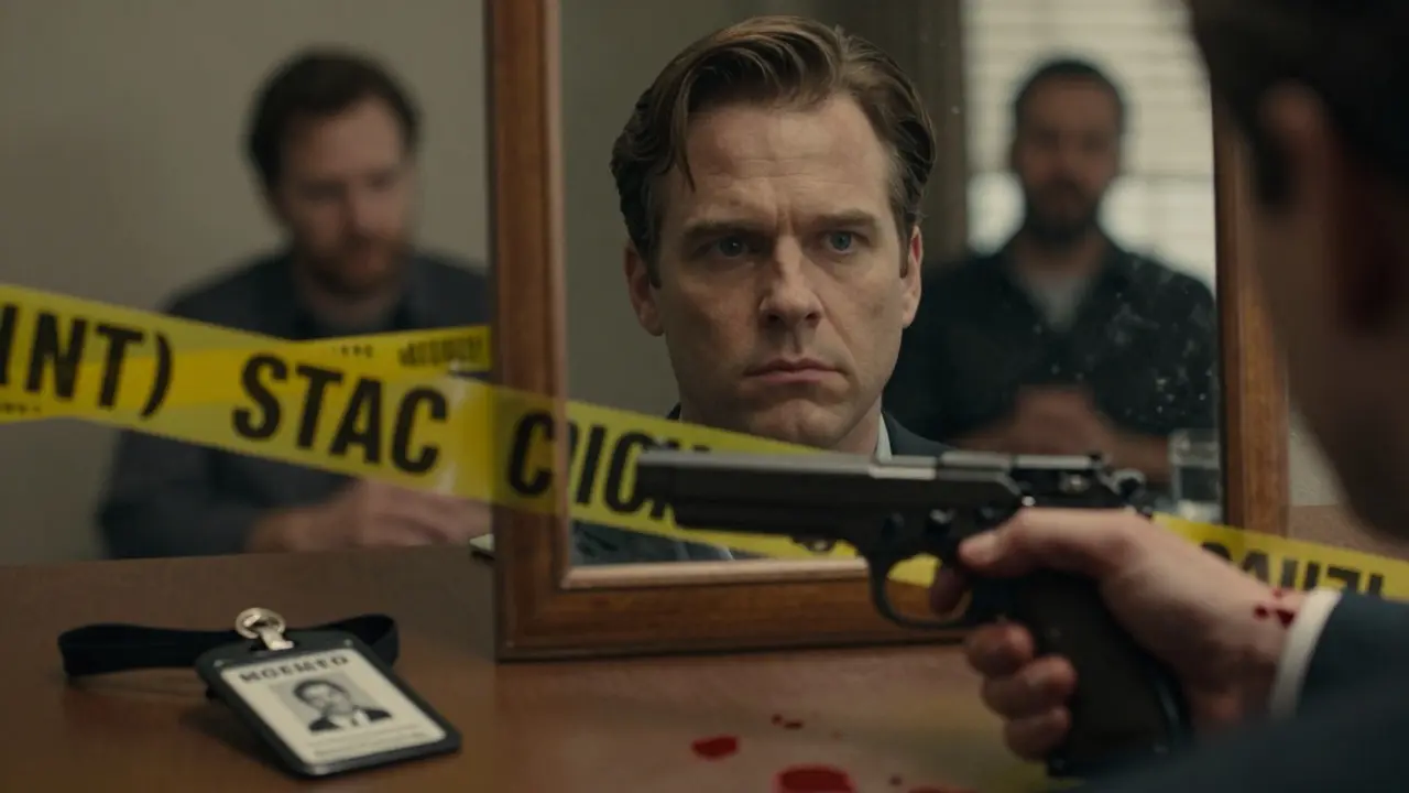 Subtle collage of Patrick Jane's illegal actions: forged badge, crime scene tape, and a gun.