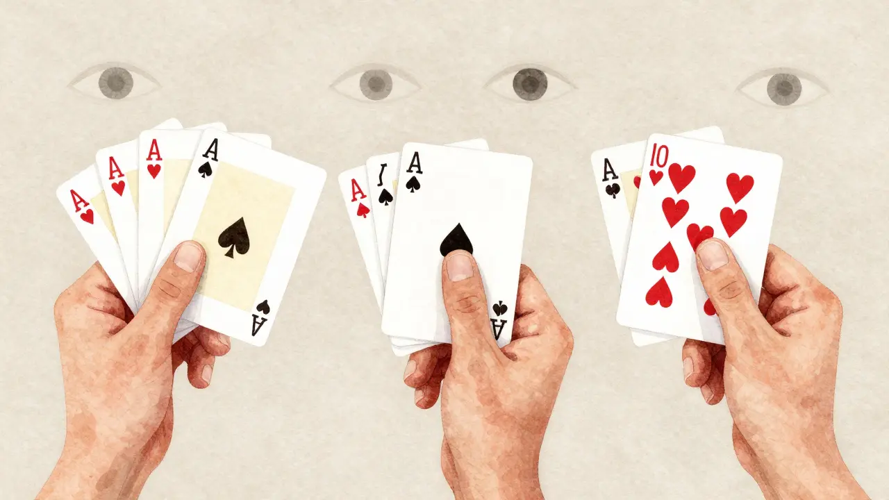 Watercolor depiction of three stages of a card force trick with abstract eye shapes observing the magic.